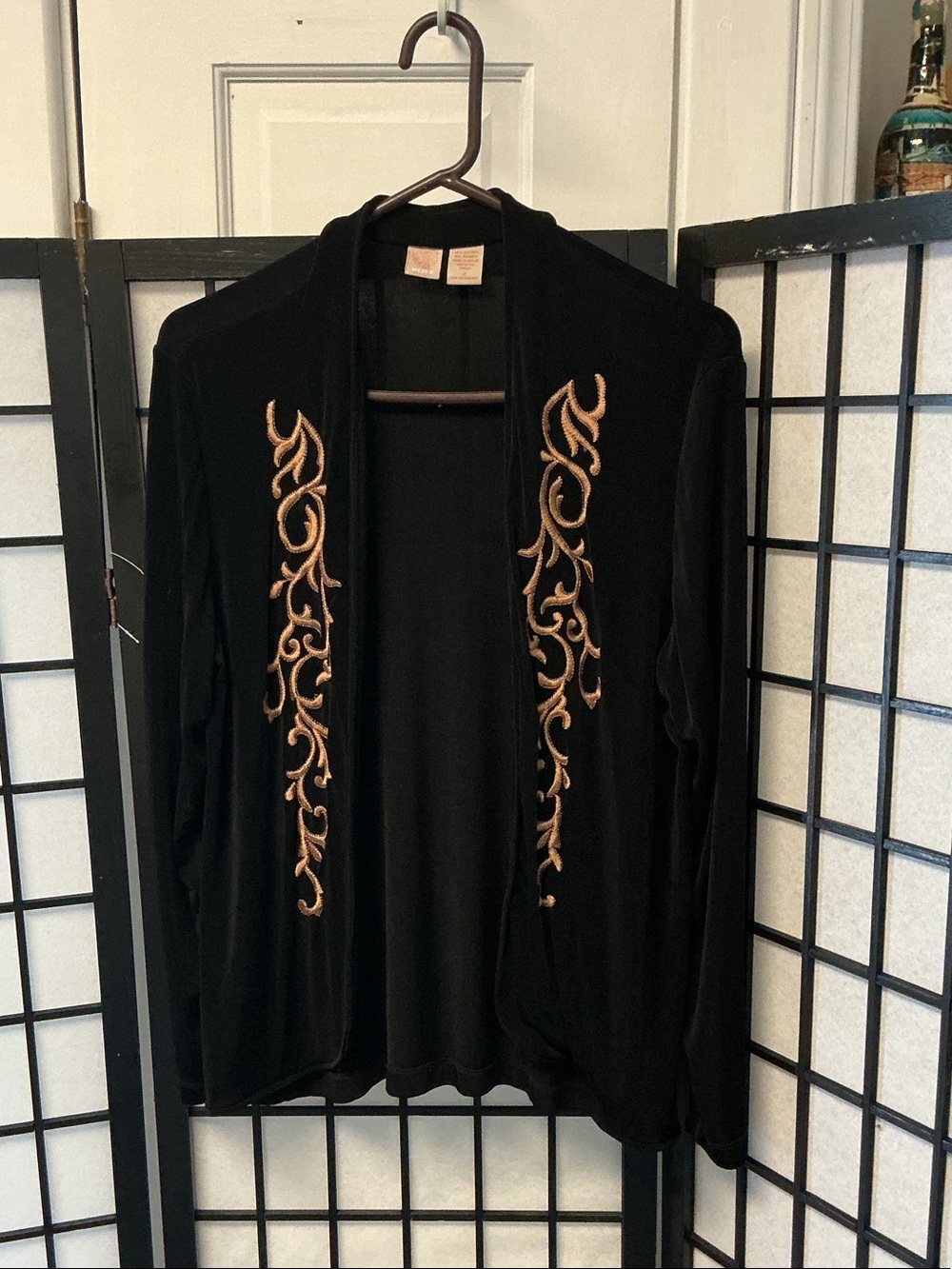 Women's Black Open Cardigan with Gold Embroidered Trim